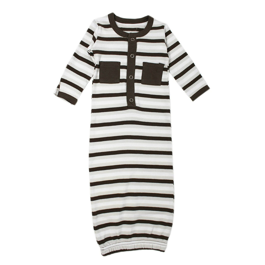 Organic Gown in Bark Stripe, a white, brown and off white stripe pattern .