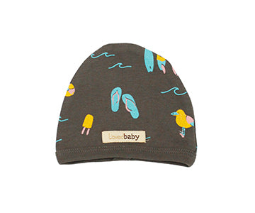 Organic Cute Cap in Gray Surf, a gray fabric with surfing prints.