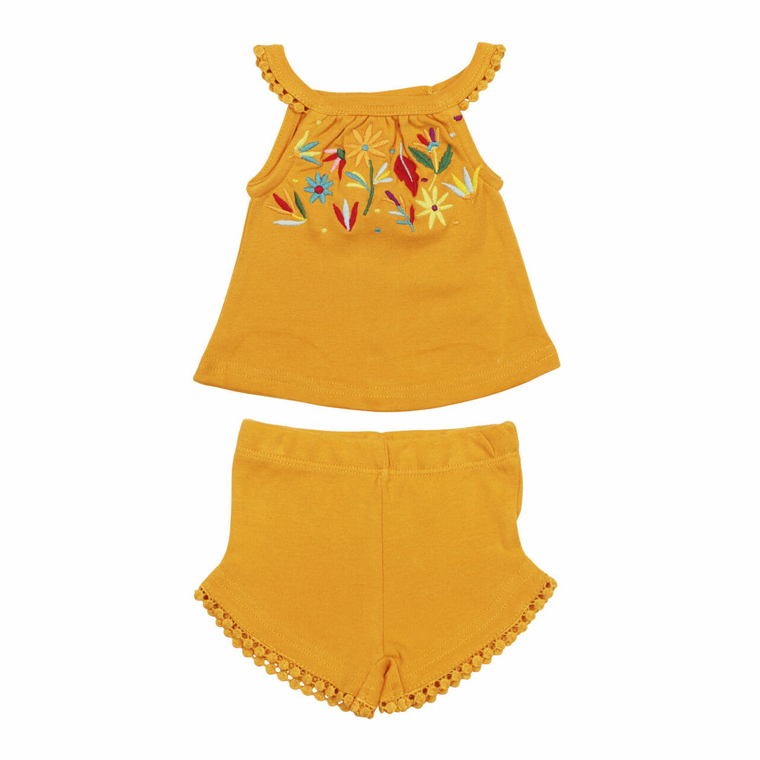 Embroidered Tank & Tap Short Set in Tangerine Floral, an orange base fabric with multi colored embroiderred flowers.