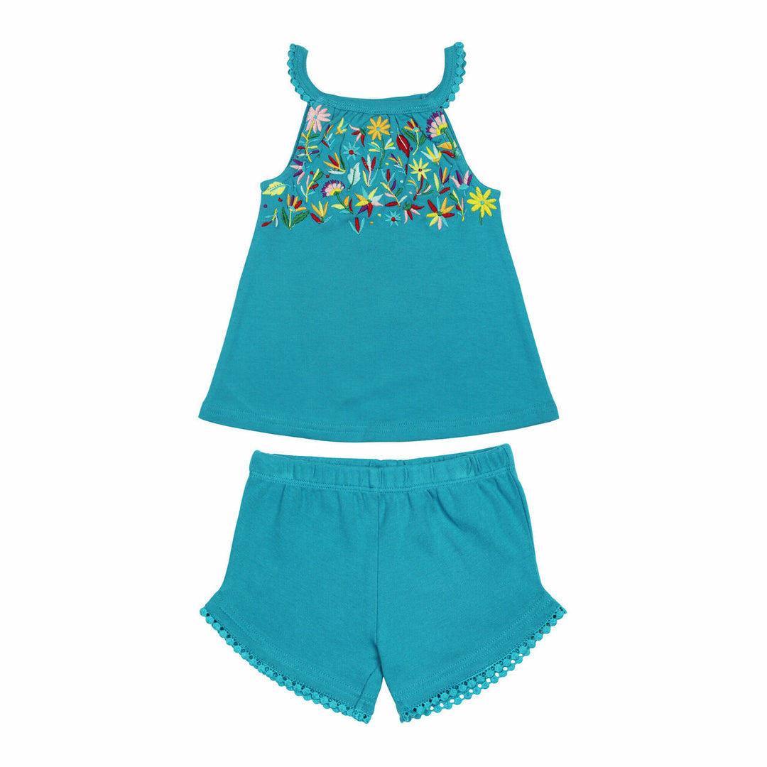 Kids' Embroidered Tank & Tap Short Set in Teal Floral, a greenish blue base fabric with multi colored embroiderred flowers.