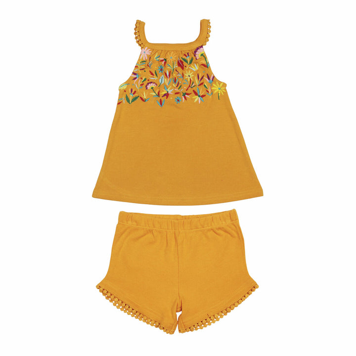 Kids' Embroidered Tank & Tap Short Set in Tangerine Floral, an orange base fabric with multi colored embroiderred flowers.