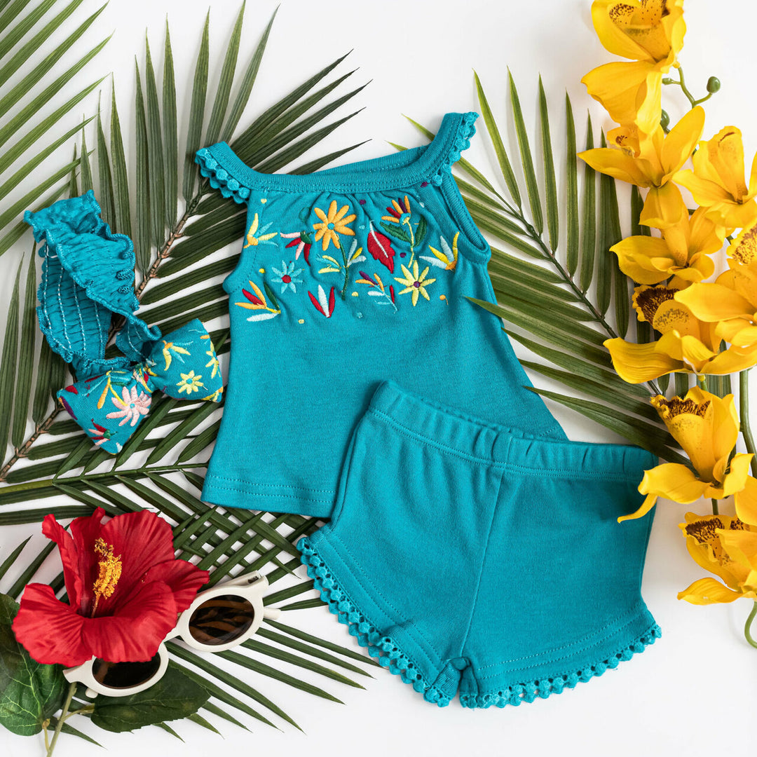 Child wearing Kids' Embroidered Tank & Tap Short Set in Teal Floral.