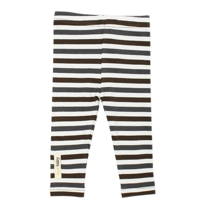 Organic Leggings in Gray Stripe, a gray and brown stripe pattern.