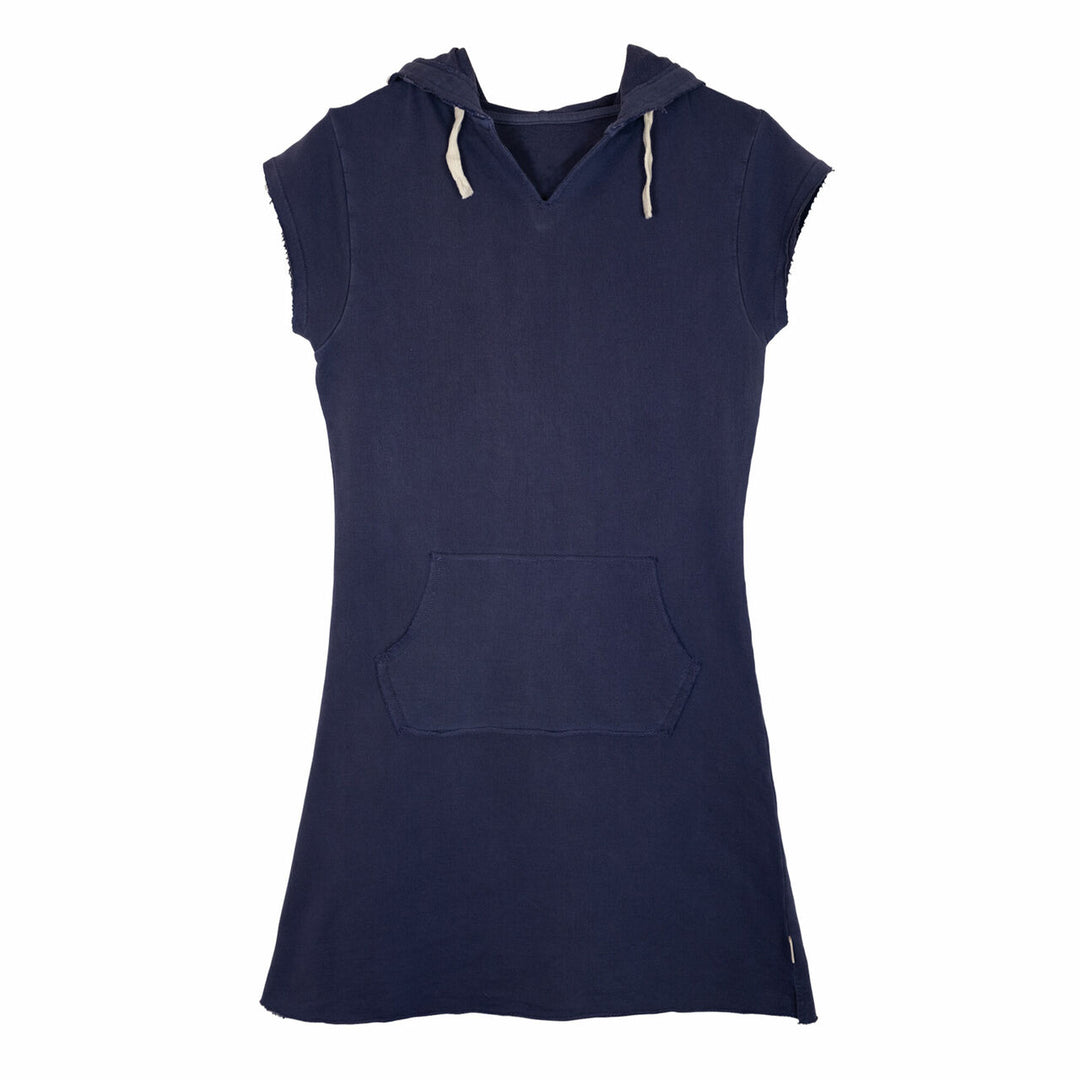 Womens' French Terry Hoodie Dress in Indigo, a dark blue color.