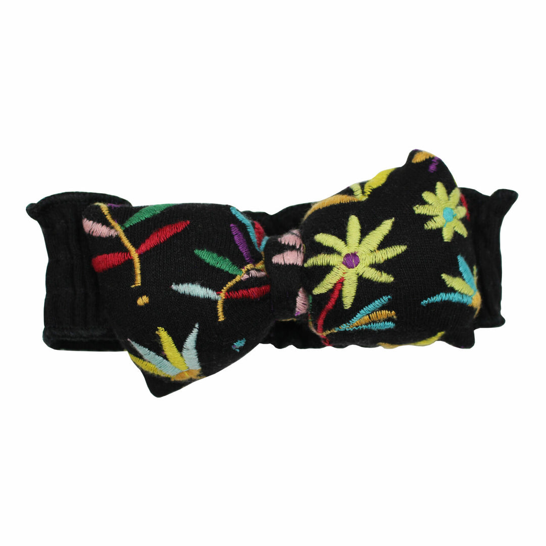 Embroidered Bowtie Headband in Black Floral, a black base fabric with multi colored embroiderred flowers.