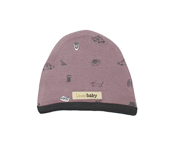 Organic Cute Cap in Lavender Itty Bitty City, a light purple fabric with city icon print.