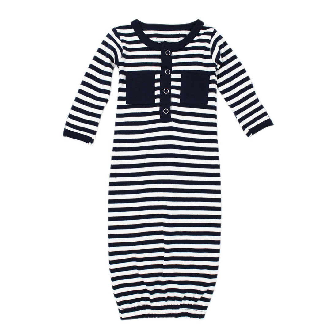 Organic Gown in Navy/White, a dark blue and white stripe pattern.