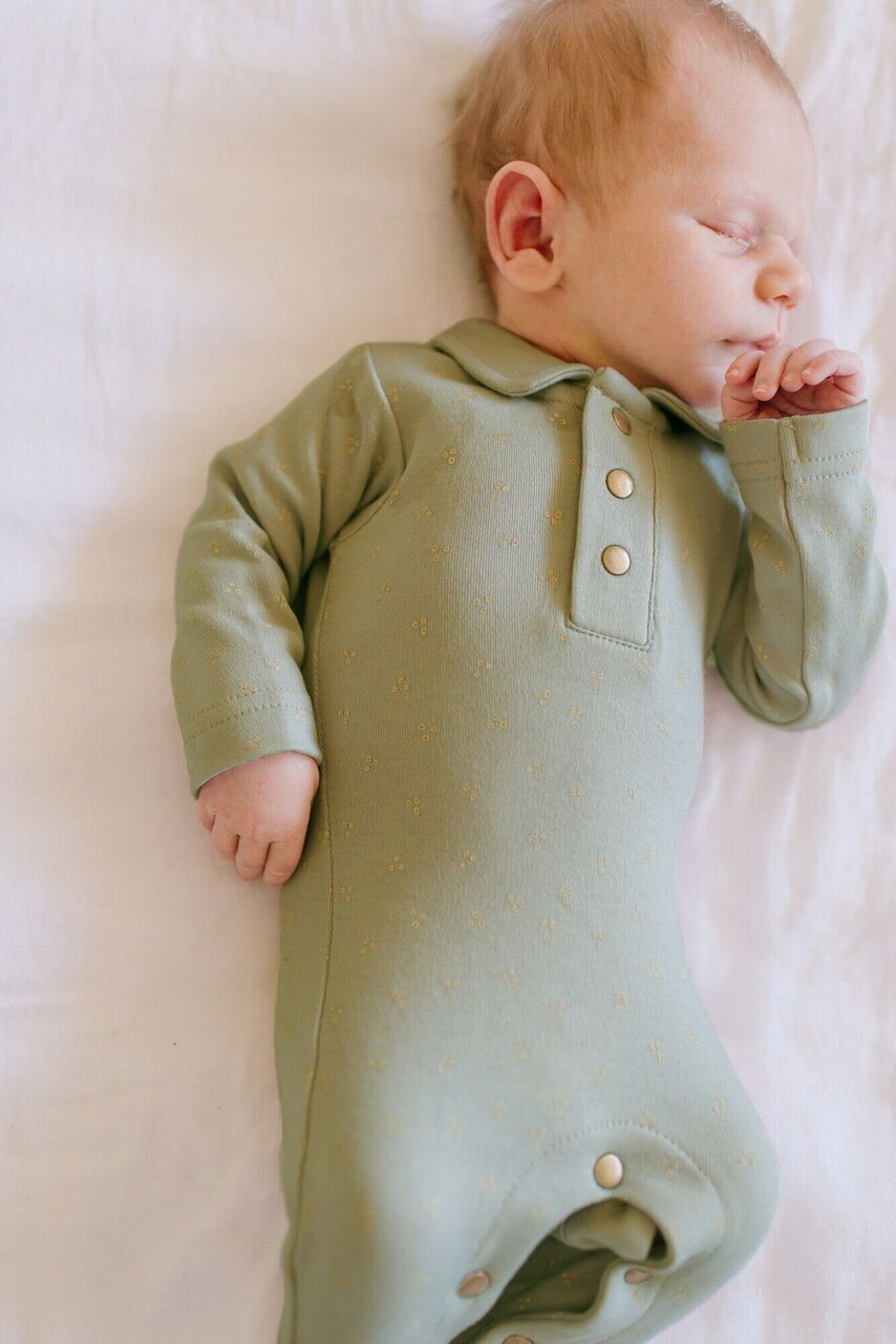 Organic Polo Baby Footie in Fern Dots, Lifestyle