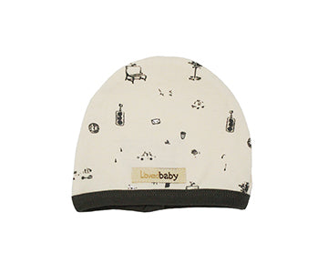Organic Cute Cap in Beige Itty Bitty City, a cream colored fabric with city icon print.