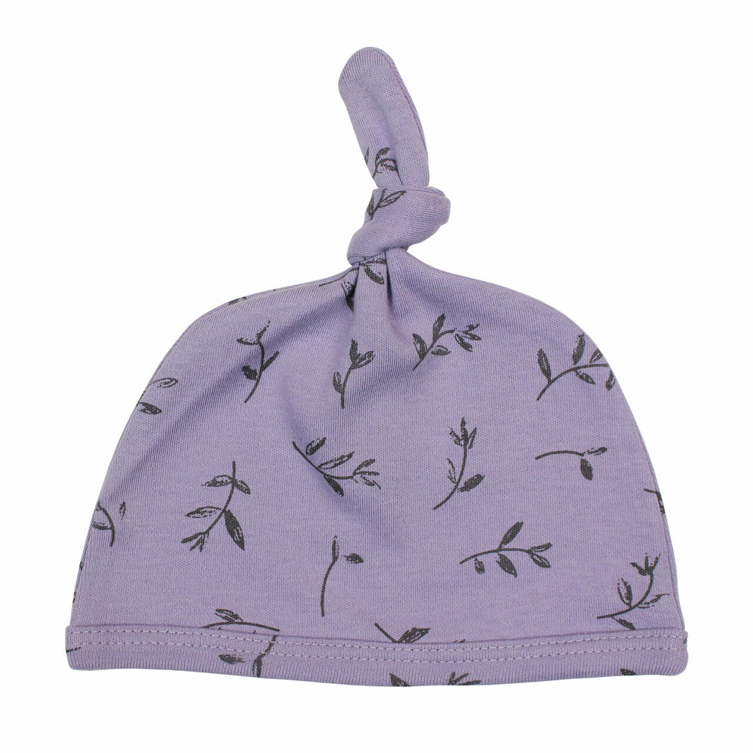 Printed Top-Knot Hat in Amethyst Flower, medium gray flower print on light purple background.