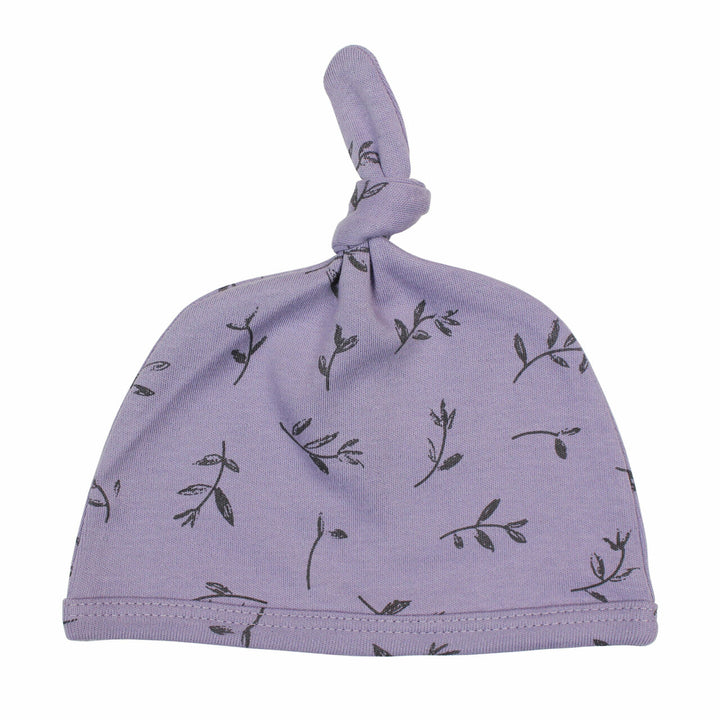 Printed Top-Knot Hat in Amethyst Flower, medium gray flower print on light purple background.