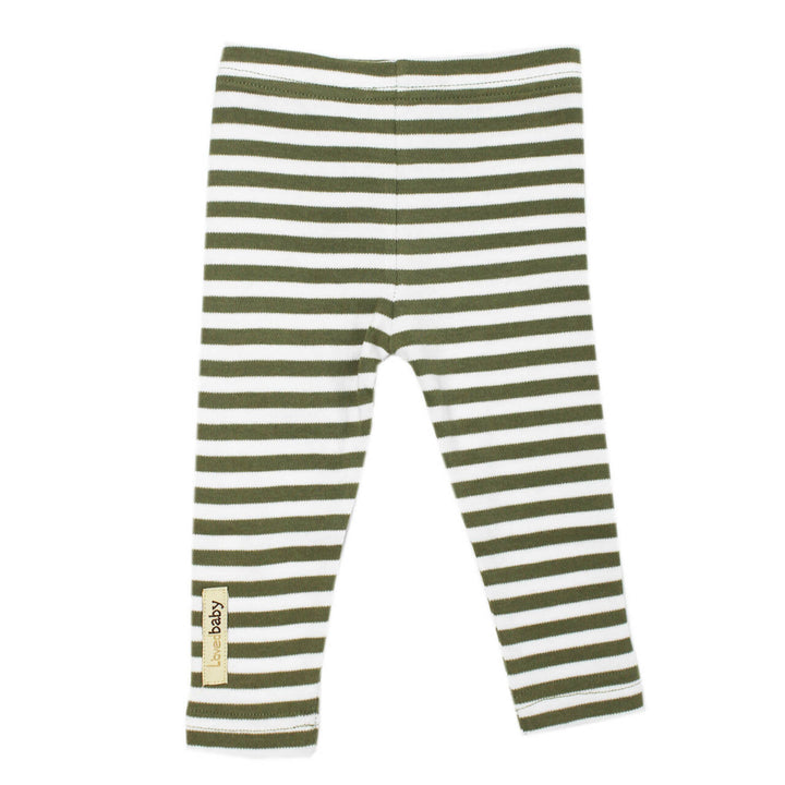 Organic Leggings in Sage/White, a medium green and white stripe pattern.