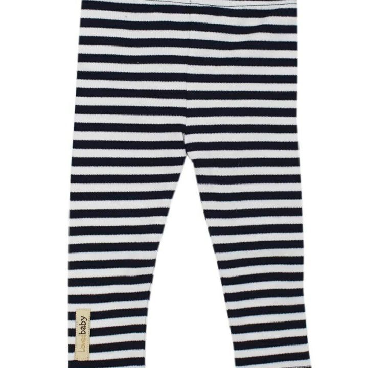 Organic Leggings in Navy/White, a dark blue and white stripe pattern.