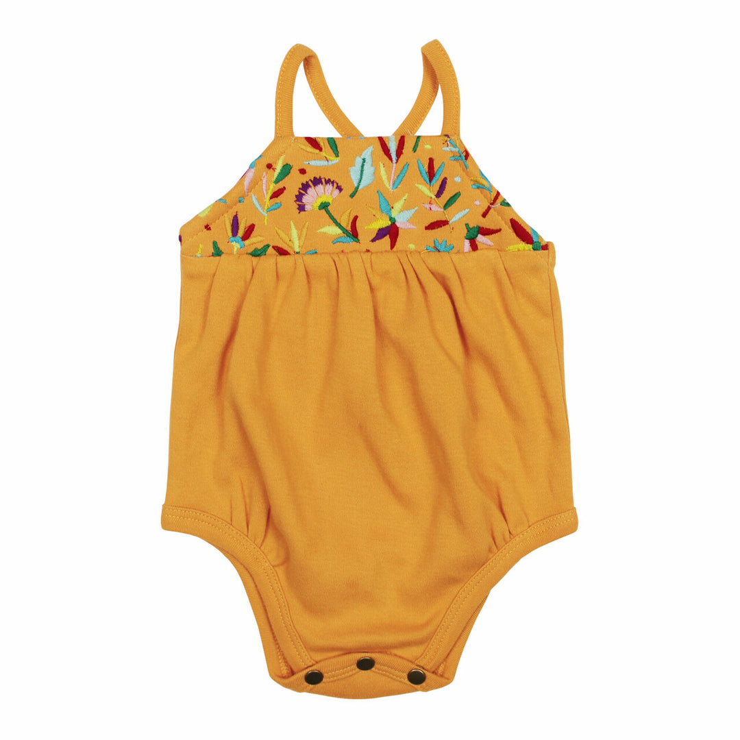 Embroidered Criss-Cross Bodysuit in Tangerine Floral, an orange base fabric with multi colored embroiderred flowers.
