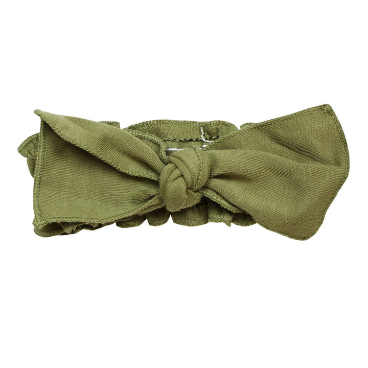 Organic Smocked Tie Headband in Sage, a medium green color.