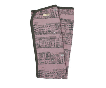 Organic Swaddling Blanket in Lavender City Block, a light purple fabric with brownstone print.