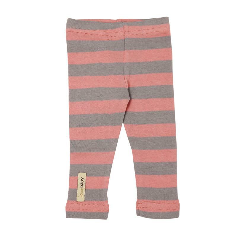Organic Leggings in Coral/Light Gray Stripe, a salmon pink and light gray stripe pattern.