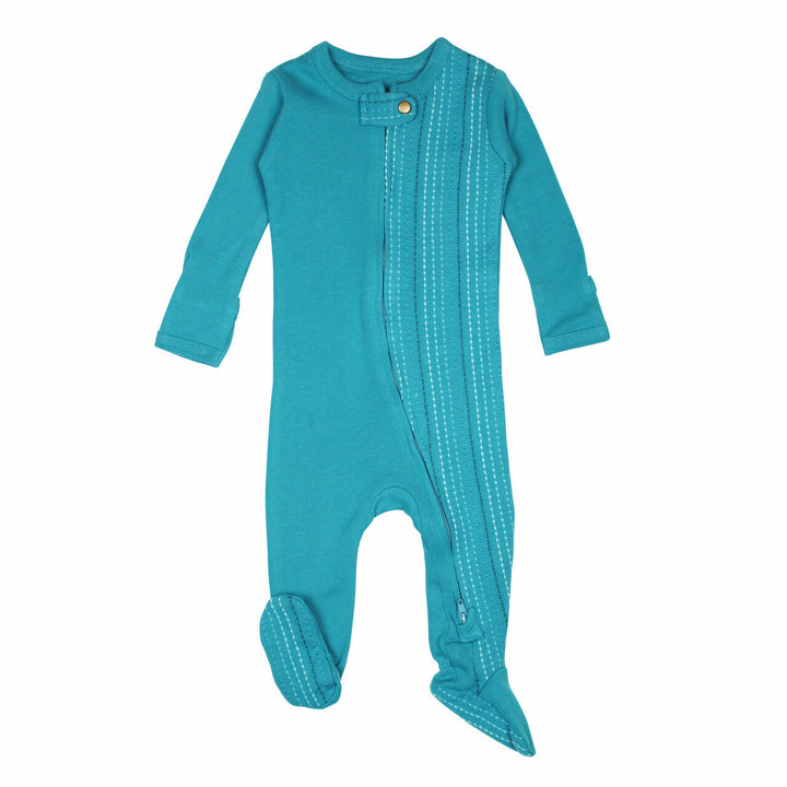 Embroidered Zipper Footie in Teal Dash, a greenish blue base fabric with light to dark blue embroiderred dashes.