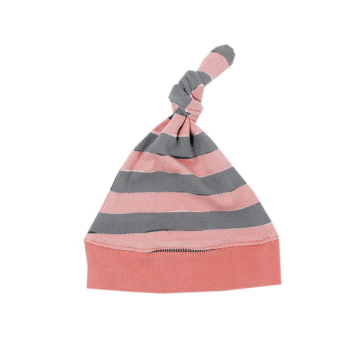 Organic Top-Knot Hat in Coral-Light Gray Stripe