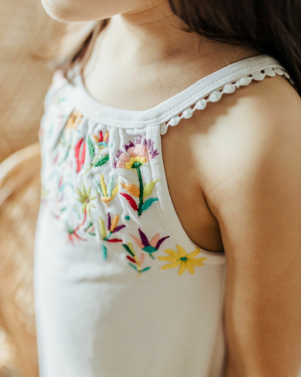 Child wearing Kids' Embroidered Twirl Dress w/Pockets in White Floral.