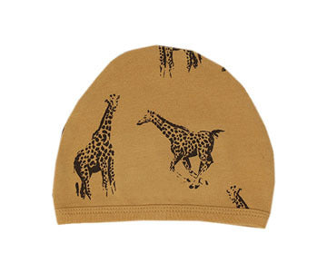Organic Cute Cap in Honey Giraffe, a mustard colored fabric with brown giraffe print.