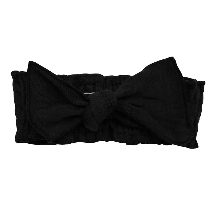 Organic Smocked Tie Headband in Black.