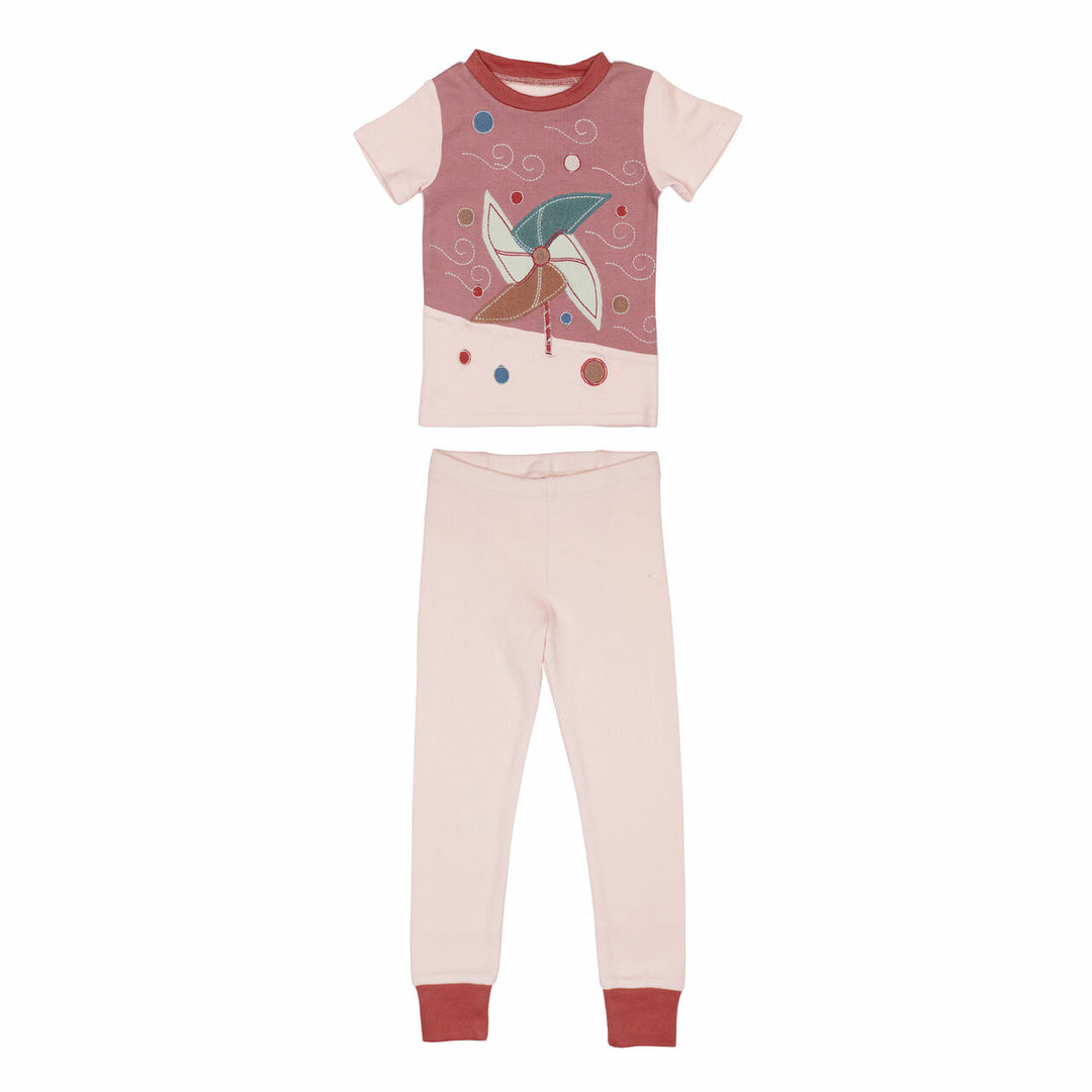Kids' AppliquÃ© Short Sleeve PJ Set in Pinwheel, a pinwheel motif in pink and green.