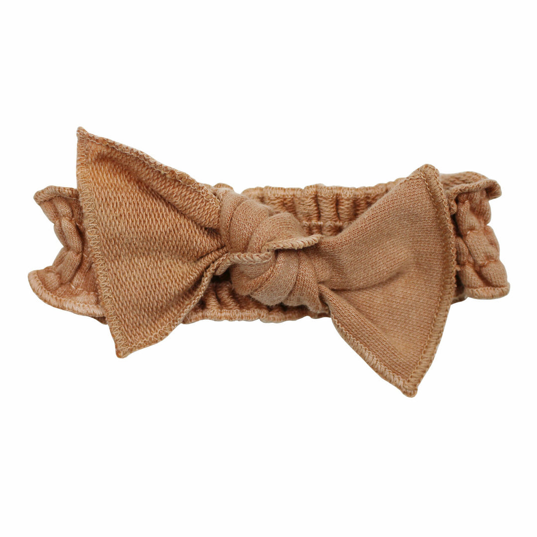 French Terry Smocked Headband in Adobe, a tan clay color.