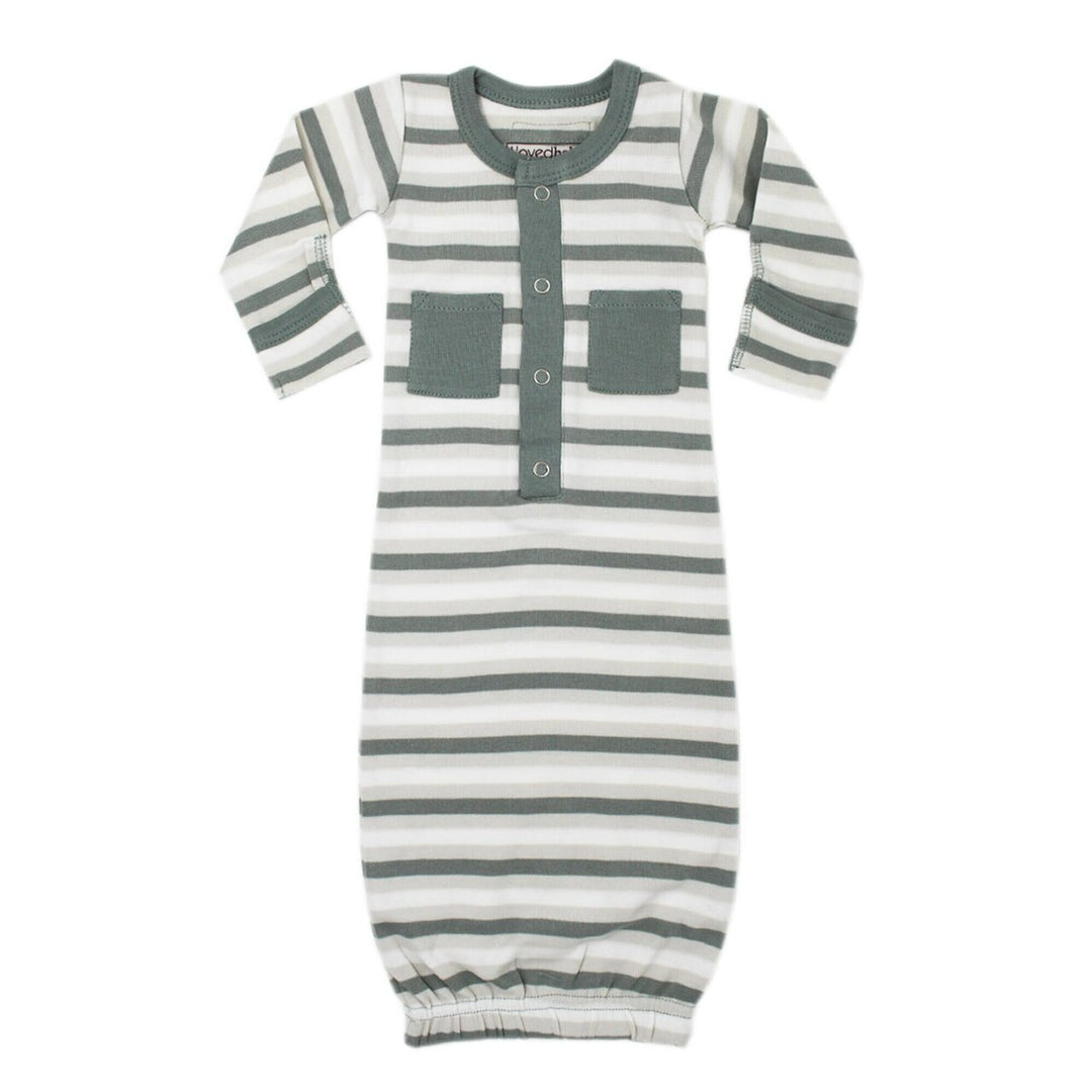Organic Gown in Seafoam Stripe, a white, light green and off white stripe pattern .
