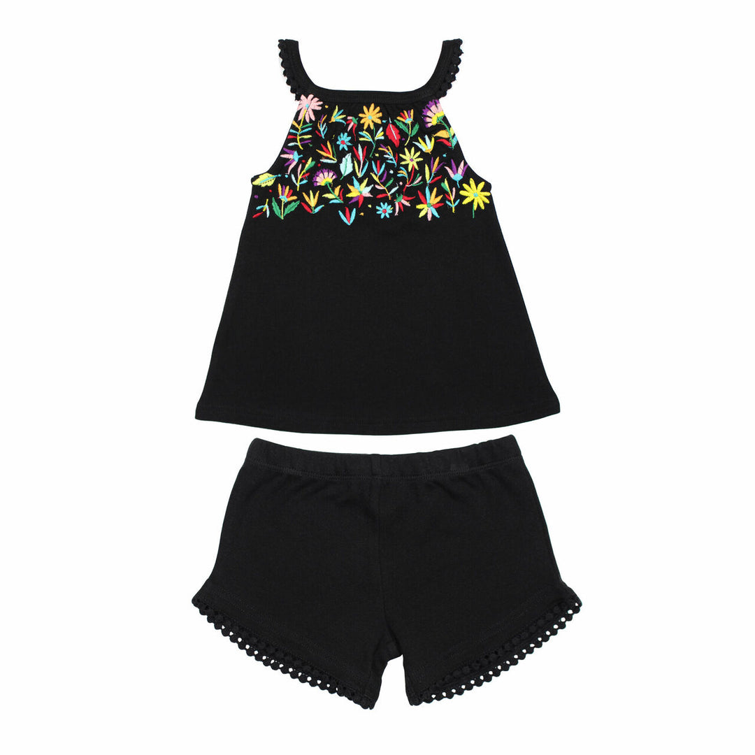 Kids' Embroidered Tank & Tap Short Set in Black Floral, a black base fabric with multi colored embroiderred flowers.