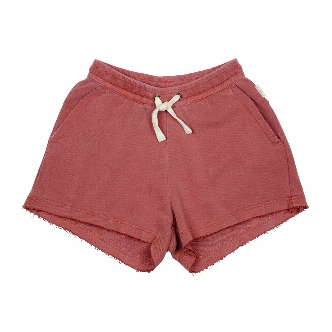 Women's French Terry Shorts in Sienna, a dark pink color.