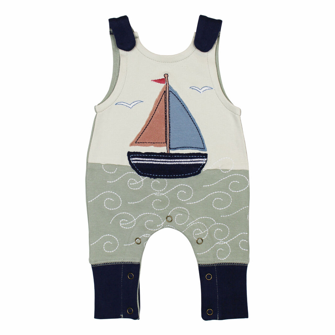Kids' AppliquÃ© Harem Romper in Sailboat, a sailboat motif in off white, pink and blues.