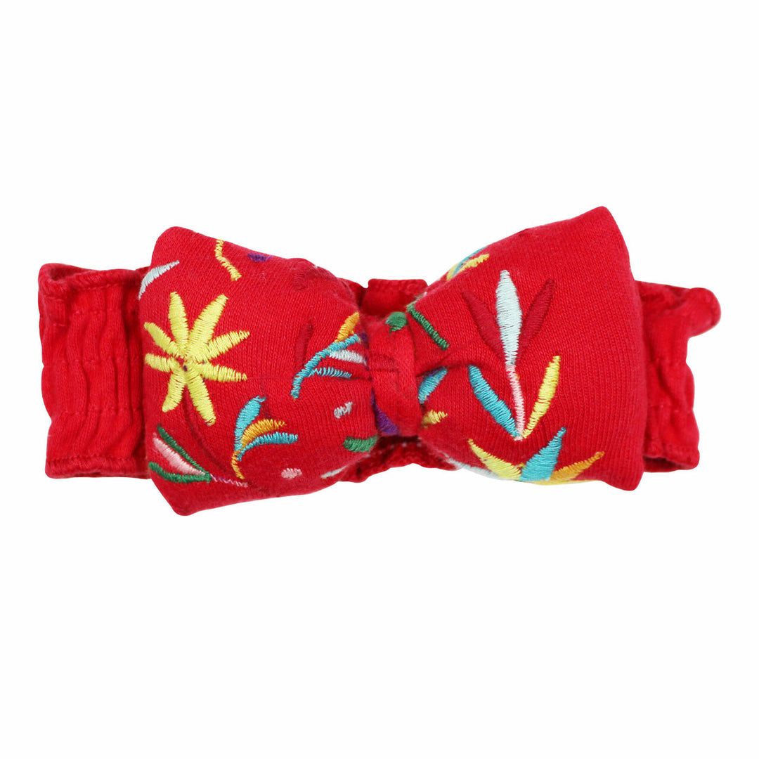 Embroidered Bowtie Headband in Chili Pepper Floral, a red base fabric with multi colored embroiderred flowers.
