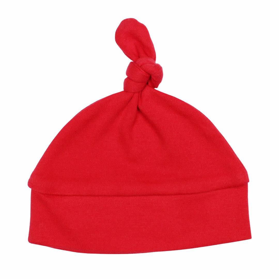 Organic Banded Top-Knot Hat in Chili Pepper, a bright red color.