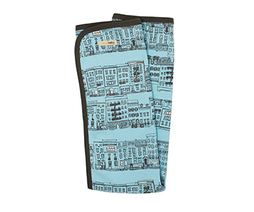 Organic Swaddling Blanket in Aqua City Block, a blue fabric with brownstone print.