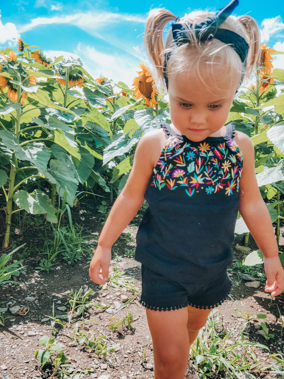 Child wearing Kids' Embroidered Tank & Tap Short Set in Black Floral.
